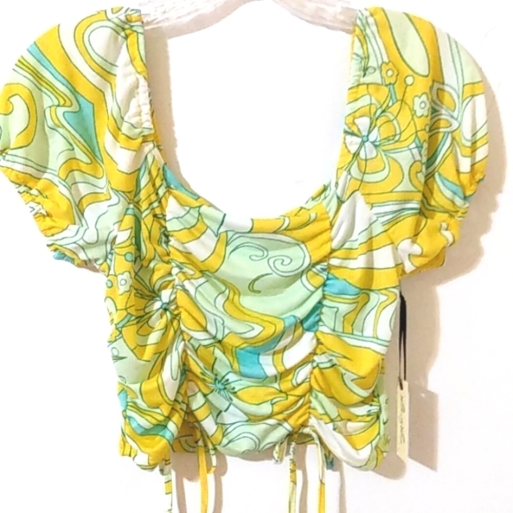 LIBERTY LOVE YELLOW RUCHED STRING TIE BALLOON SLEEVE CROP TOP SIZE JRS MED NWT